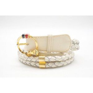 Vintage Gucci White Leather Belt with Red Blue Enamel Round Gold Buckle
